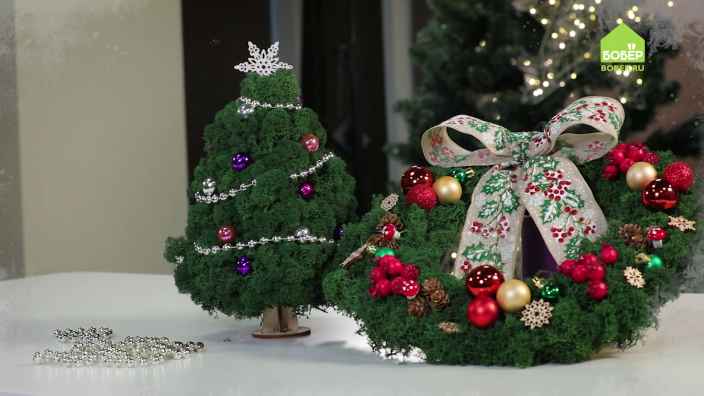 Новогодняя ёлка и рождественский венок из стабилизированного мха
