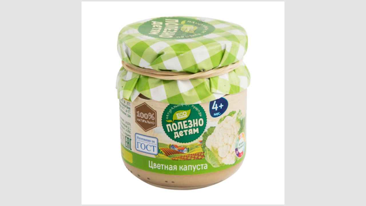 Пюре овощное из цветной капусты, гомогенизированное, стерилизованное, для питания детей раннего возраста (с 4 месяцев) «Полезно детям»
