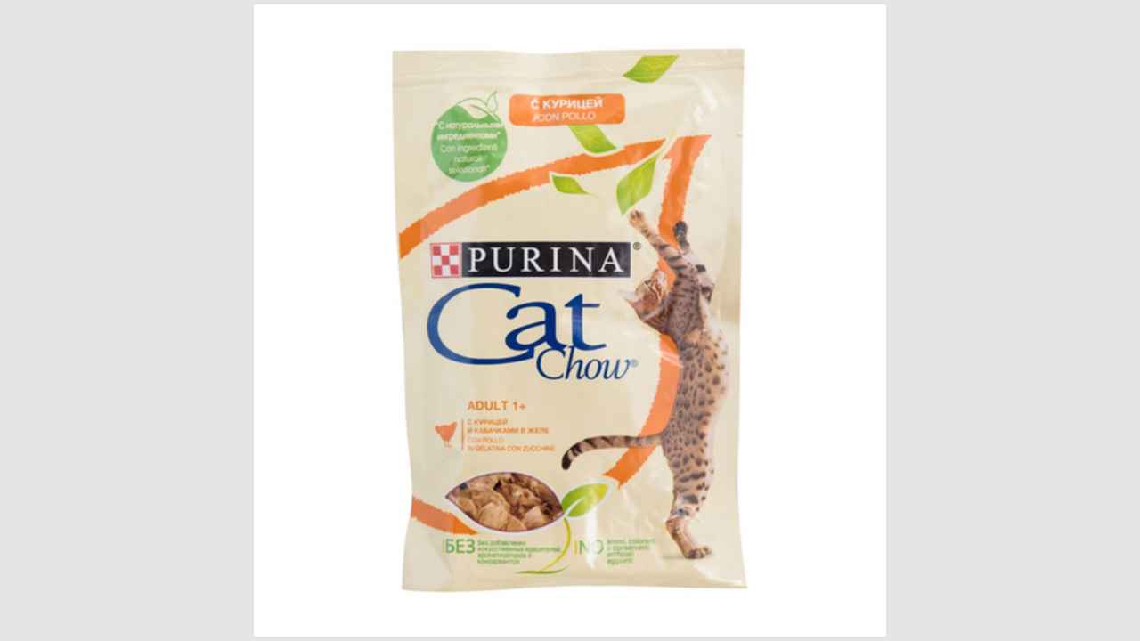 Корм консервированный, полнорационный, Purina Cat Chow, для взрослых кошек, с курицей и кабачками в желе