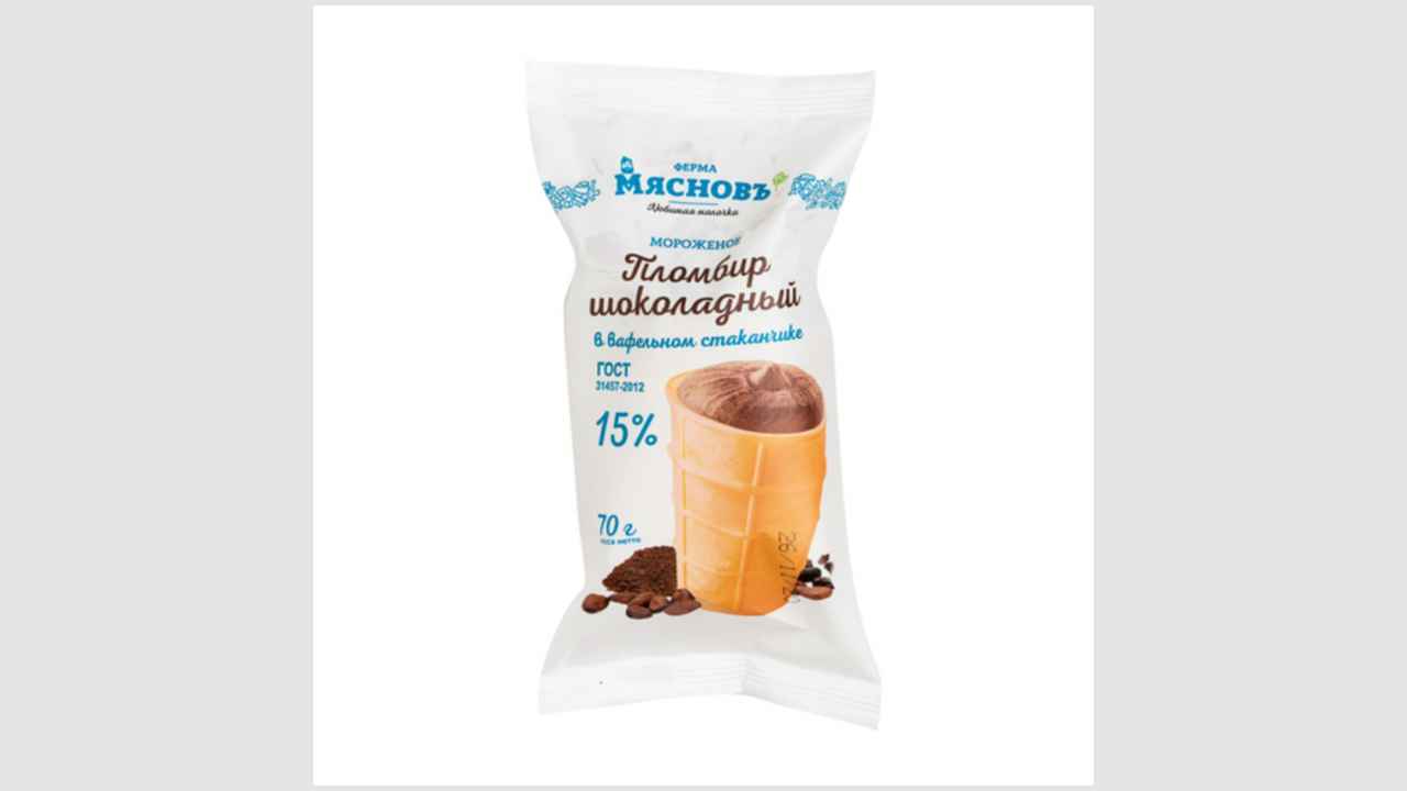 Мороженое пломбир шоколадный 15% , в вафельном стаканчике «Мясновъ»