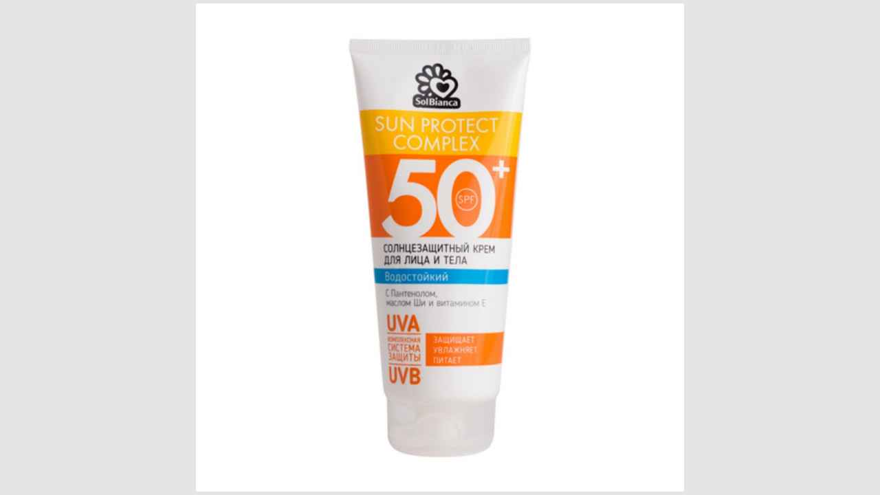 Солнцезащитный водостойкий крем Solbianca 50+ SPF для лица и тела с пантенолом, маслом Ши и витамином Е