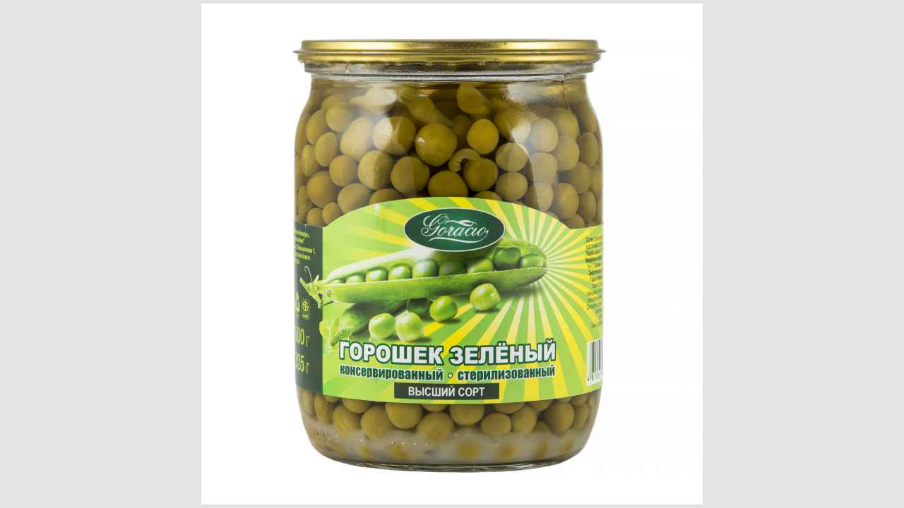 Goracio Горошек зеленый консервированный. Стерилизованный. Высший сорт.