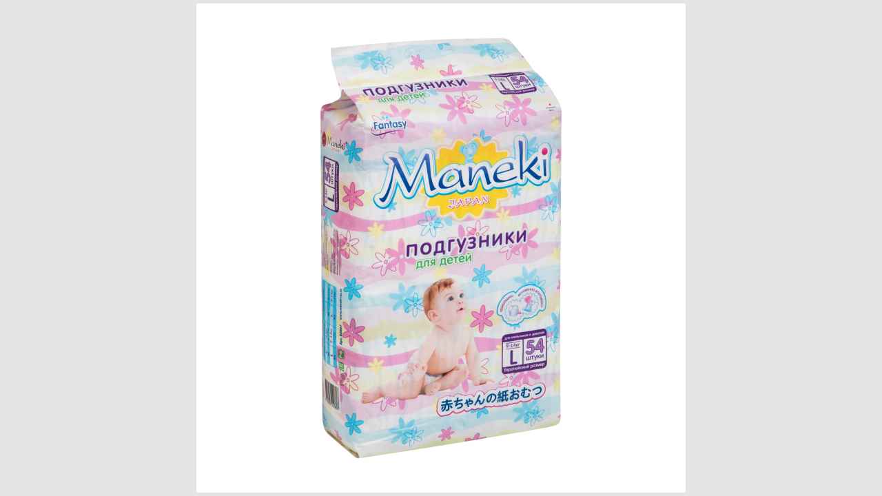Одноразовые детские подгузники Maneki. Серия fantasy, класс «премиум», размер: L, 9-14 кг, 54 шт. 
