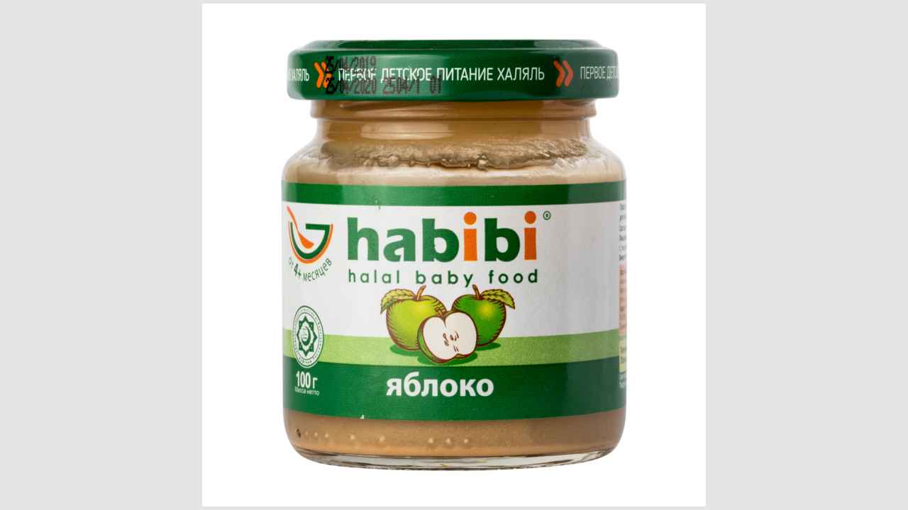 Продукт детского питания, пюре из яблок, стерилизованное, гомогенизированное, для питания детей раннего возраста, для детей старше 4 месяцев Habibi