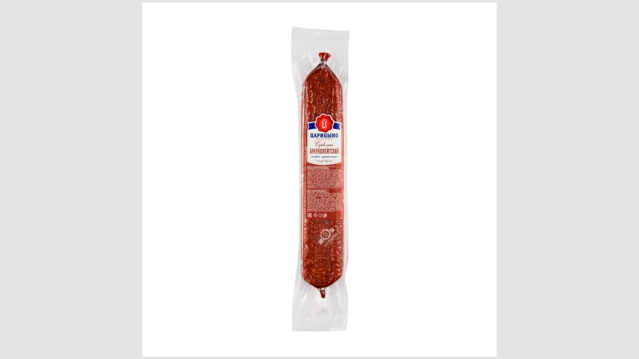 Колбасное изделие сырокопченое из мяса птицы, колбаса «Сервелат Брауншвейгский» охлаждённая