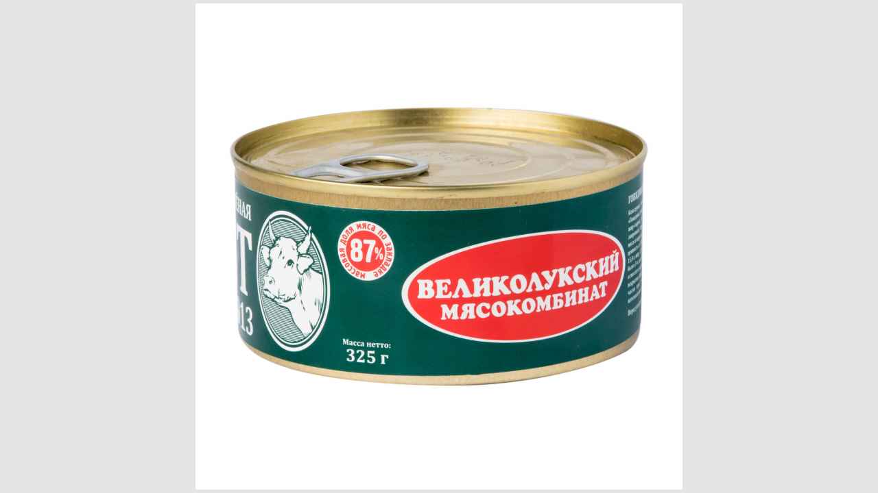 Консервы мясные, кусковые, стерилизованные. Говядина тушеная, высший сорт «Великолукский мясокомбинат»