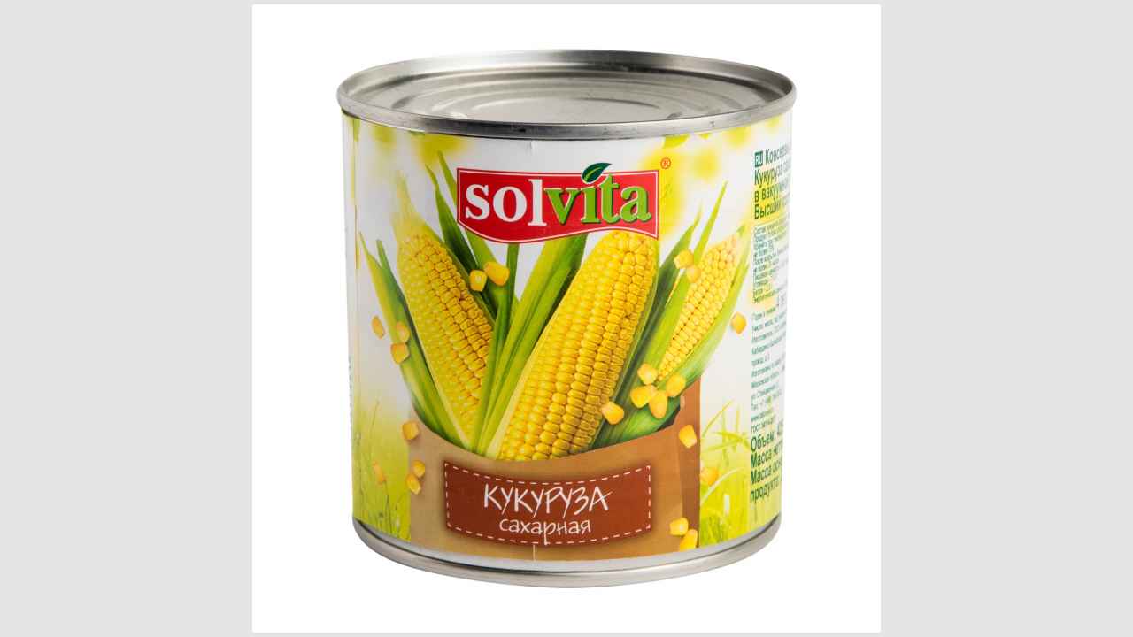 Консервы овощные. Кукуруза сахарная, в зернах, в вакуумной упаковке, высший сорт, стерилизованная Solvita